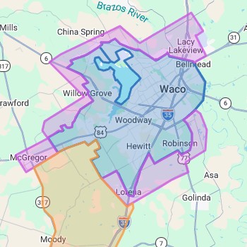 Purr-fect Paw service area map for Waco, Woodway, and Hewitt Texas